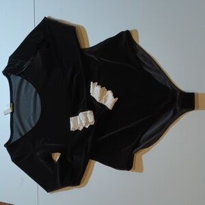& Other Stories Black Velvet Long Sleeve Crochet Lace Cuff Bodysuit A20
